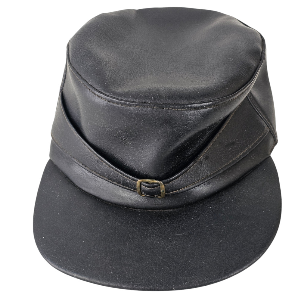 Vintage man's black leather work cap hat with bill size Small